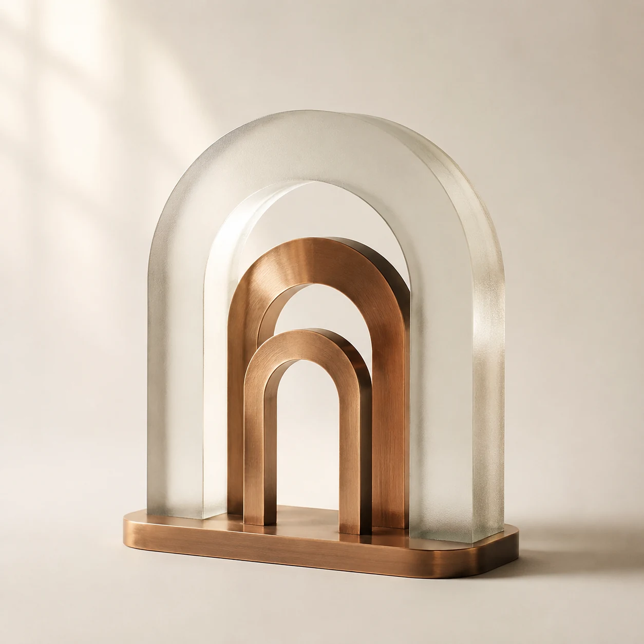 Architectural copper and frosted-glass portal sculpture